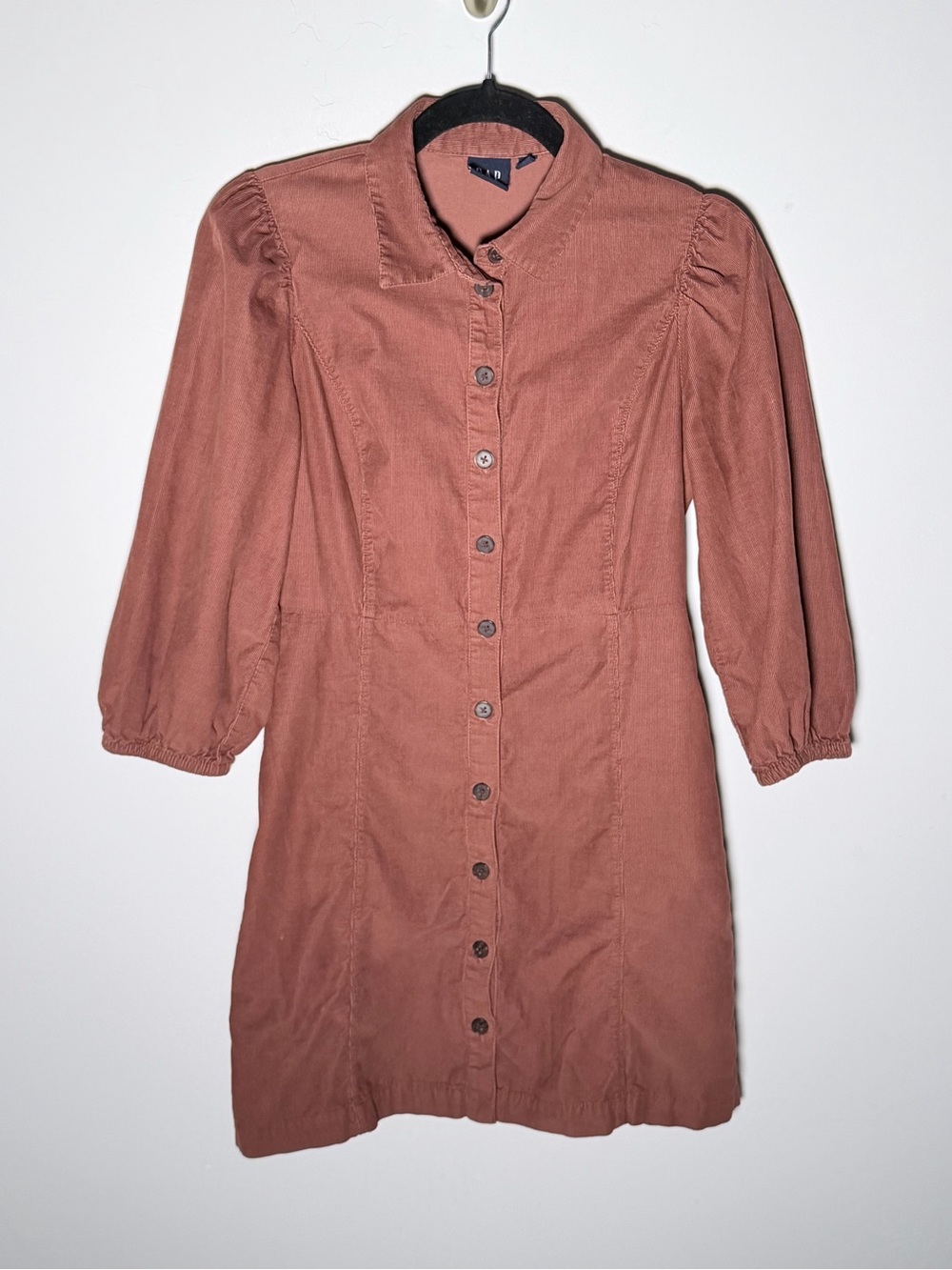 GAP Saddle Brown Corduroy Button-Front Puff Sleeve Mini Dress S 100% Cotton - Picture 4 of 13